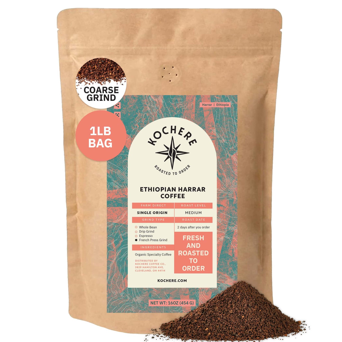 Kochere Coffee Ethiopian Harrar Coffee – Single Origin Natural Medium Roast - Fruity, Berry, Dark Chocolate Notes