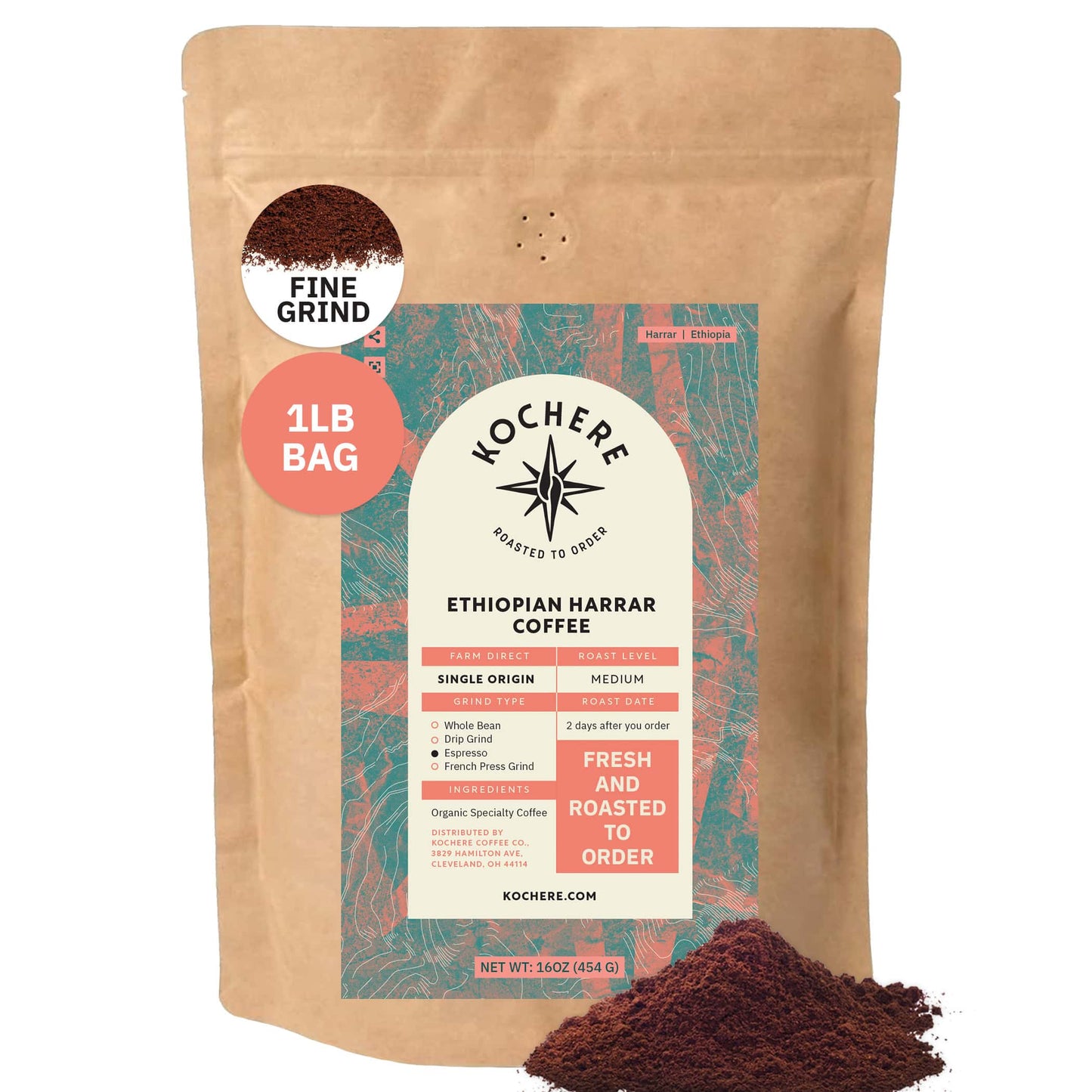 Kochere Coffee Ethiopian Harrar Coffee – Single Origin Natural Medium Roast - Fruity, Berry, Dark Chocolate Notes
