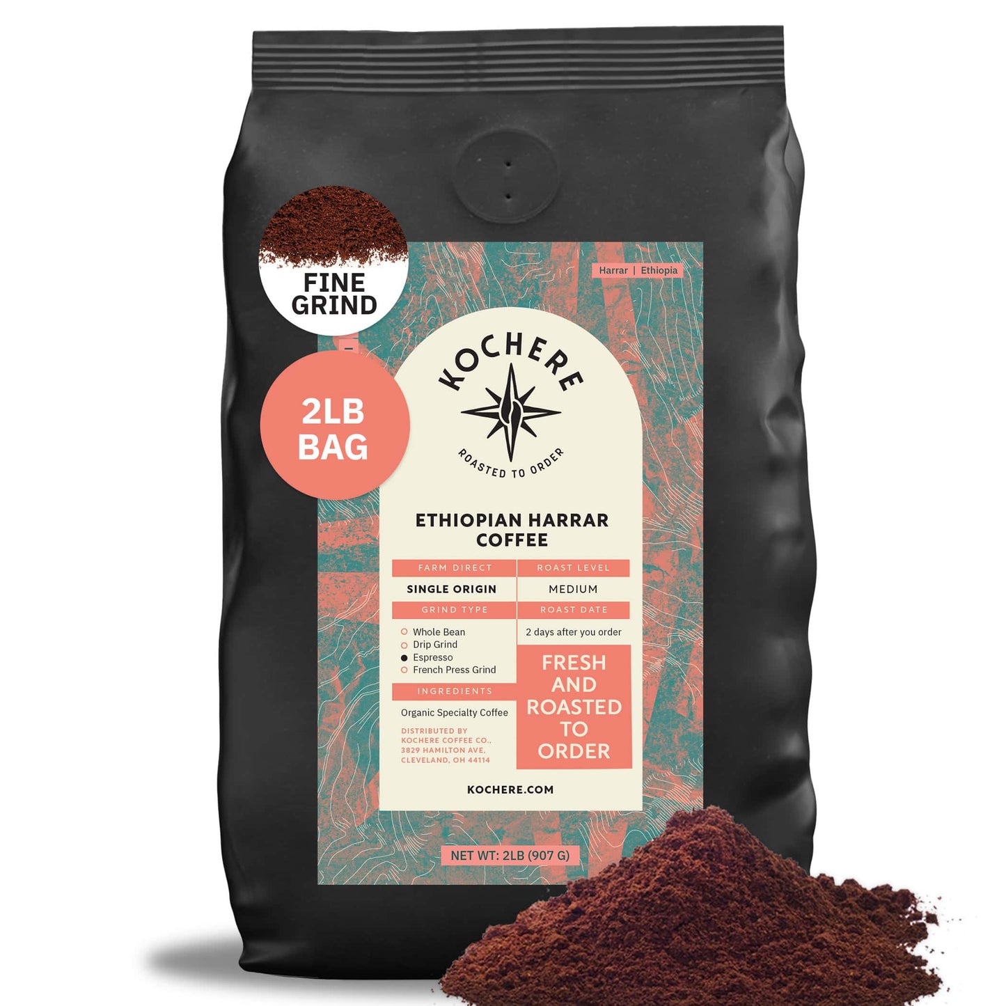 Kochere Coffee Ethiopian Harrar Coffee – Single Origin Natural Medium Roast - Fruity, Berry, Dark Chocolate Notes