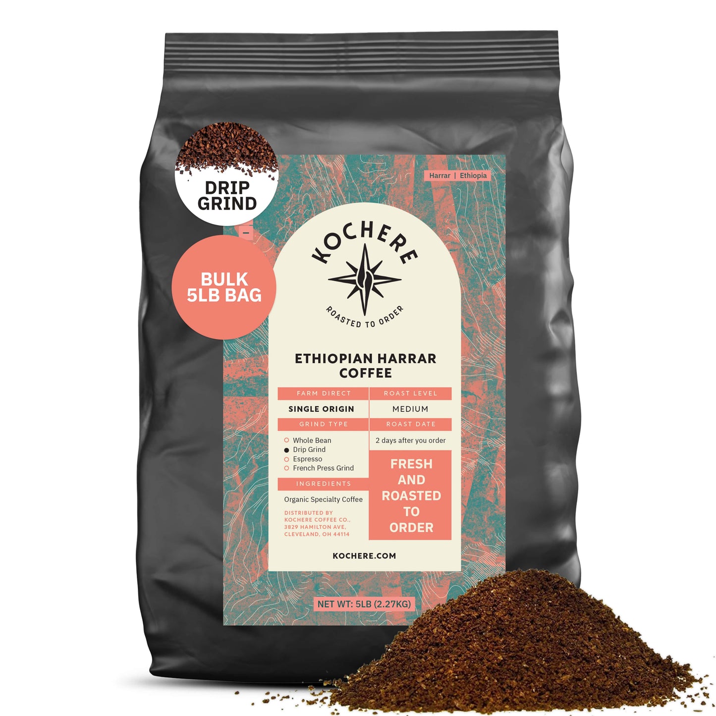 Kochere Coffee Ethiopian Harrar Coffee – Single Origin Natural Medium Roast - Fruity, Berry, Dark Chocolate Notes