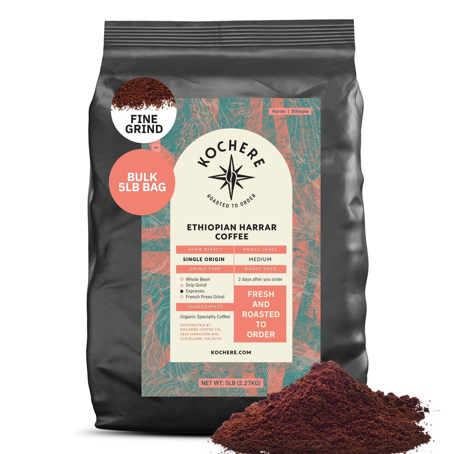 Kochere Coffee Ethiopian Harrar Coffee – Single Origin Natural Medium Roast - Fruity, Berry, Dark Chocolate Notes