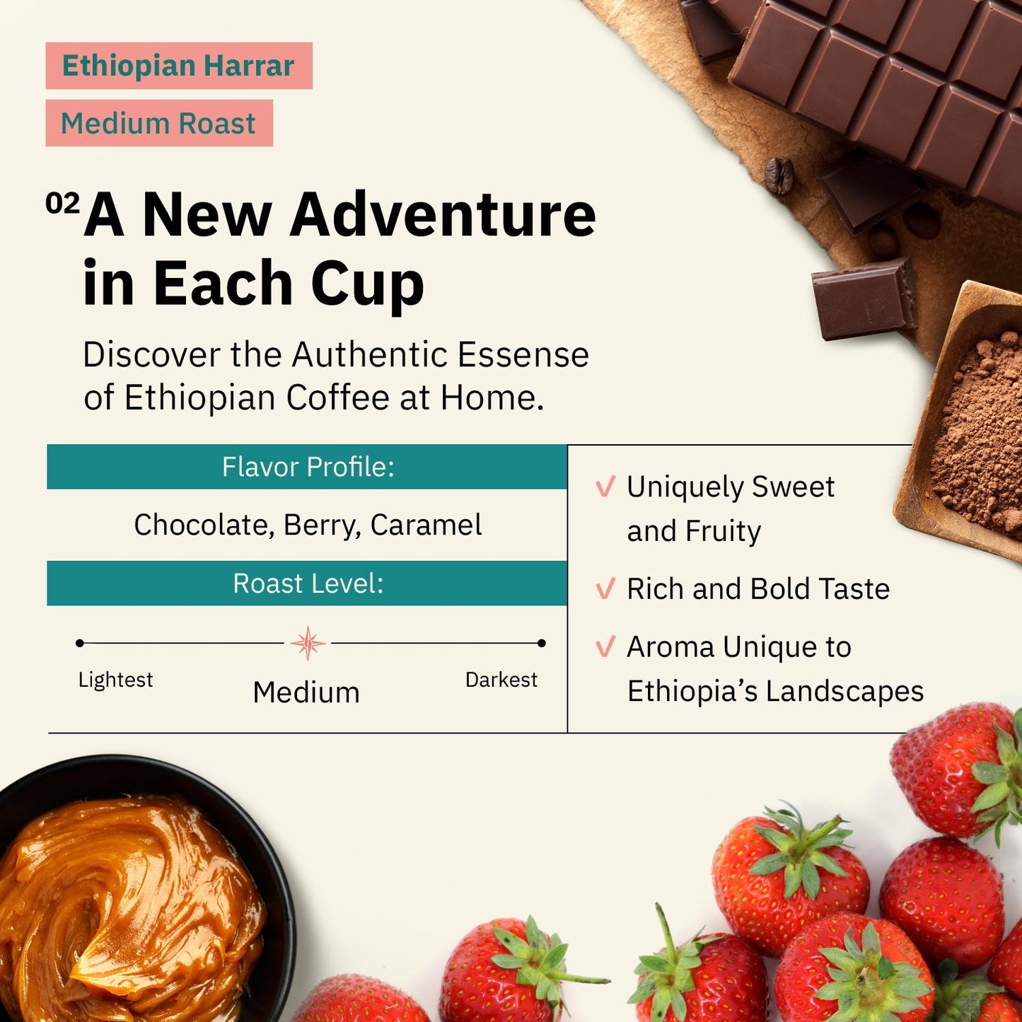 Kochere Coffee Ethiopian Harrar Coffee – Single Origin Natural Medium Roast - Fruity, Berry, Dark Chocolate Notes