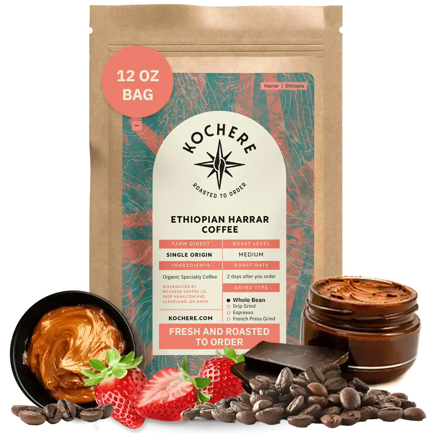 Kochere Coffee Ethiopian Harrar Coffee – Single Origin Natural Medium Roast - Fruity, Berry, Dark Chocolate Notes