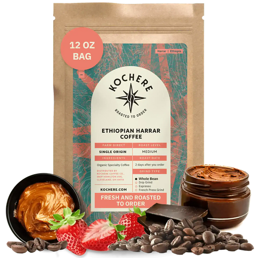 Kochere Coffee Ethiopian Harrar Coffee – Single Origin Natural Medium Roast - Fruity, Berry, Dark Chocolate Notes
