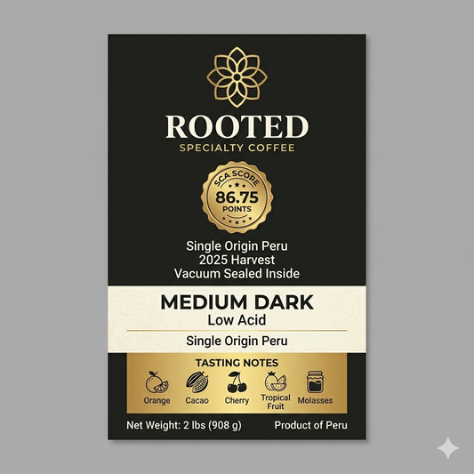 Rooted Specialty Coffee – Medium Dark Roast Low Acid Whole Bean Single Origin Peru 2lb